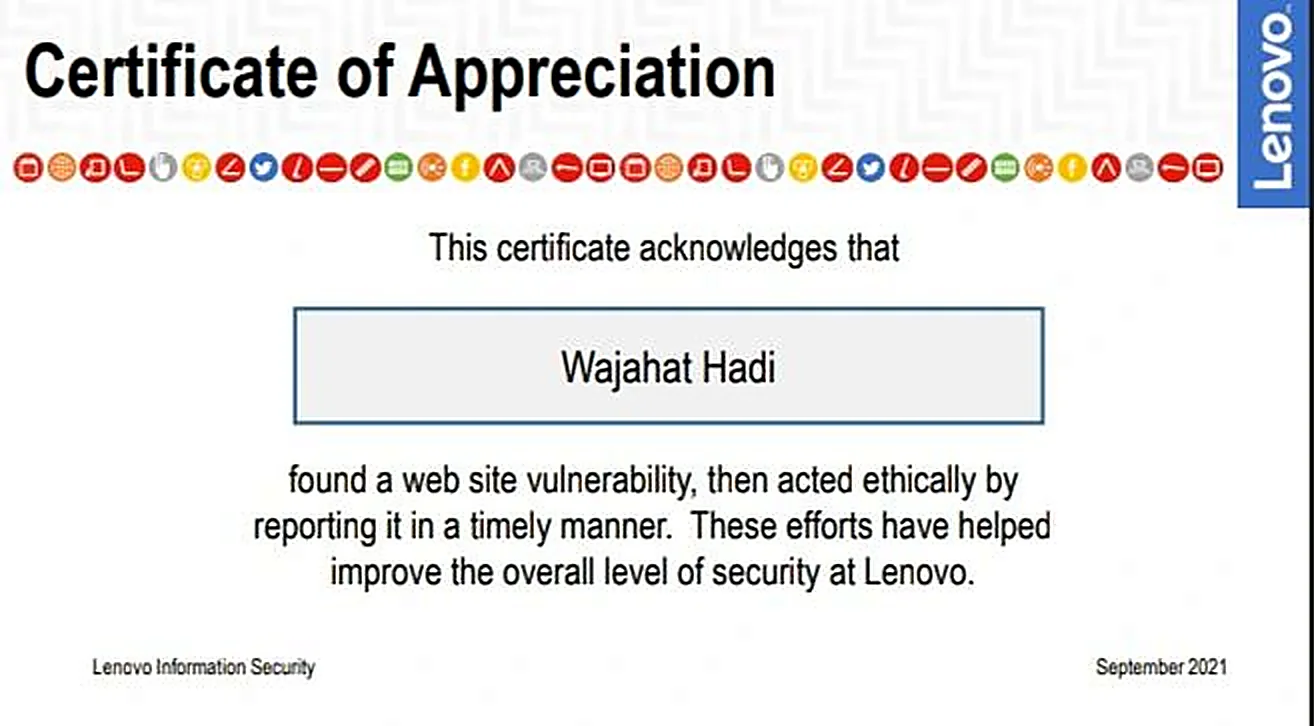 Lenovo Information Security certificate of appreciation, September 2021