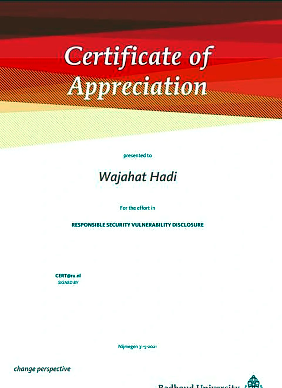 Radboud University certificate of appreciation for responsible security vulnerability disclosure, May 2021